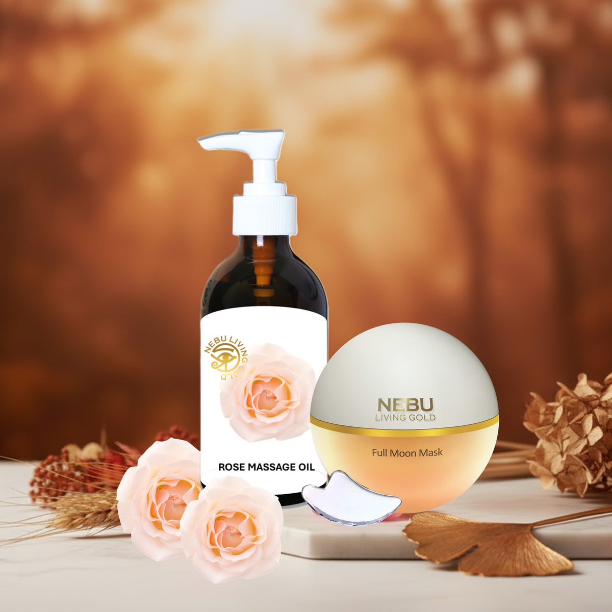 AUTUMN DUO – Rose Massage Oil for Face & Body, Full Moon Mask for Face & Decolletage